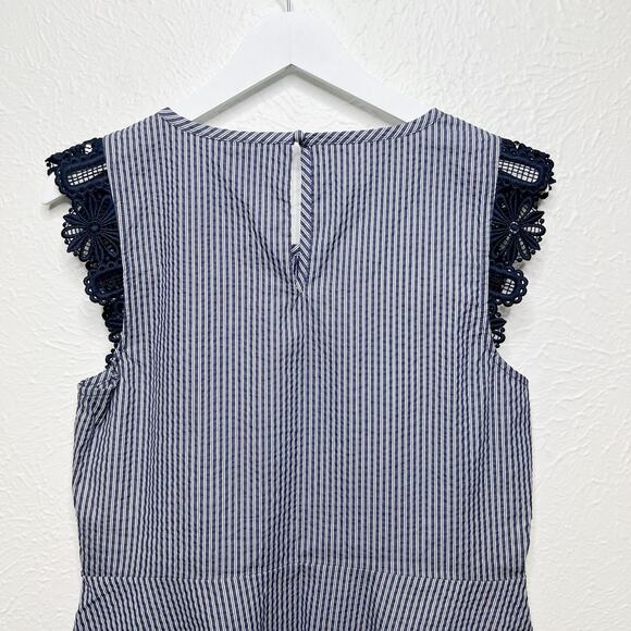CAbi Crochet Flutter Sleeve Top Seersucker Blue White Striped #5727 Sz S - Picture 6 of 9